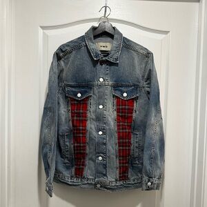 Unisex Denim Jacket with Red Plaid Accents